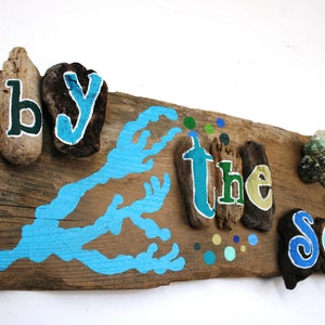 By the Sea Driftwood Plaque with Bright Blue Coral and Yellow, Teal, Blue and Green Bubbles Made to Order image 3