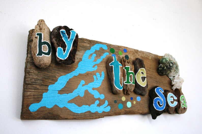 By the Sea Driftwood Plaque with Bright Blue Coral and Yellow, Teal, Blue and Green Bubbles Made to Order image 3