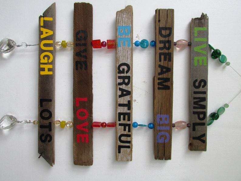 Inspirational Garden Driftwood Art Hanging Sign: Live Simply, Dream Big, Be Grateful, Give Love, Laugh Lots, Painting, Driftwood Art image 1