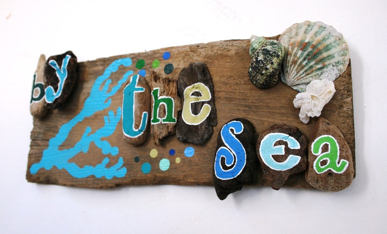 By the Sea Driftwood Plaque with Bright Blue Coral and Yellow, Teal, Blue and Green Bubbles Made to Order image 4