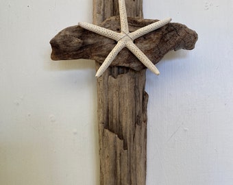 Handmade Driftwood Cross with Sea Star, READY TO SHIP, beach home decor, coastal home decor, shabby chic faith symbol, peacelovedriftwood