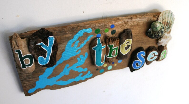 By the Sea Driftwood Plaque with Bright Blue Coral and Yellow, Teal, Blue and Green Bubbles Made to Order image 5