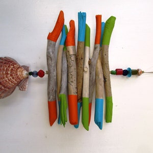 Painted Driftwood, Shell, Bead Mobile, Beach Mobile, Beach Home Decor with Wooden Beads READY TO SHIP
