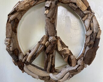 PEACE SIGN Driftwood Art. Garden signs. Garden driftwood. Coastal wreath.