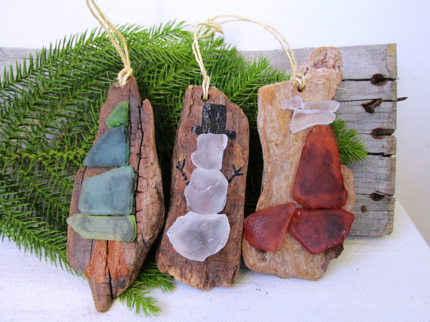 Sea Glass & Driftwood Christmas OrnamentsPine Tree Snowman Etsy