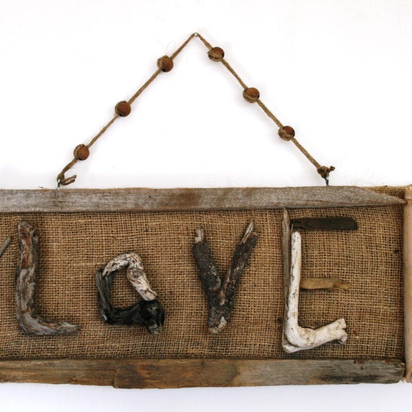 Driftwood LOVE Driftwood & Burlap Hanging Sign, Driftwood wall art, Wall Decor