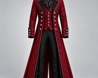 May include: A long, deep red coat with a subtle floral pattern, featuring a high collar, black lapels, and silver buttons. Underneath is a matching red vest, a black cravat with a red gemstone brooch, black trousers, and black dress shoes.