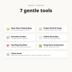 Op de afbeelding: Een digitaal document met de titel WHAT'S INSIDE 7 gentle tools, met een lijst van zeven zakelijke bronnen: New Client Onboarding, Project Brief & Scope, Boundary Scripts, Follow-Up Scripts, Red-Flag Checklist, Wrap-Up & Testimonial en Client Reset.