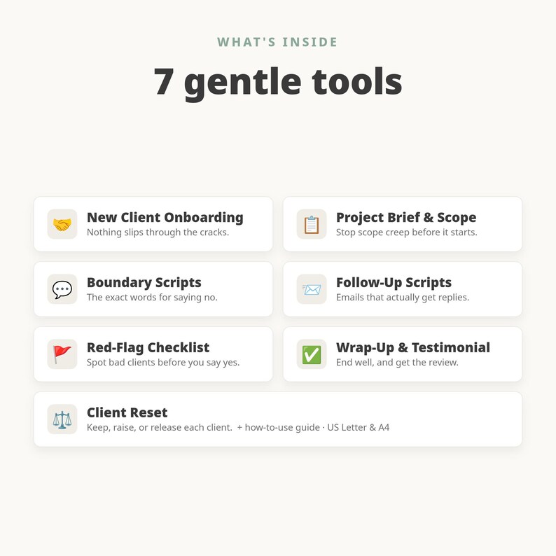 Op de afbeelding: Een digitaal document met de titel WHAT'S INSIDE 7 gentle tools, met een lijst van zeven zakelijke bronnen: New Client Onboarding, Project Brief & Scope, Boundary Scripts, Follow-Up Scripts, Red-Flag Checklist, Wrap-Up & Testimonial en Client Reset.