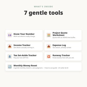 May include: A digital organizational chart titled WHAT'S INSIDE 7 gentle tools. It lists seven items: Know Your Number, Project Quote Worksheet, Income Tracker, Expense Log, Tax Set-Aside Tracker, Runway Tracker, and Monthly Money Reset with descriptions.