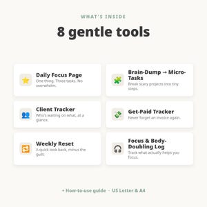 ADHD-planner voor freelancers | Printbare focuskit voor ADHD | Productiviteits-, klanten- en factuurtracker voor freelancers | Zelfstandige neurodivergente persoon afbeelding 2