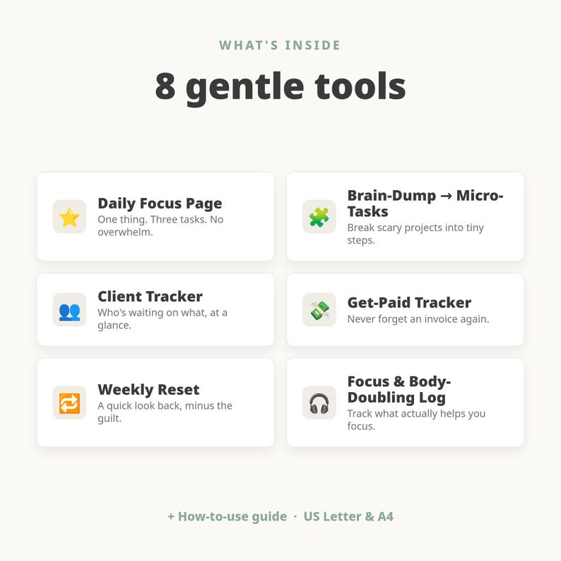 ADHD-planner voor freelancers | Printbare focuskit voor ADHD | Productiviteits-, klanten- en factuurtracker voor freelancers | Zelfstandige neurodivergente persoon afbeelding 2