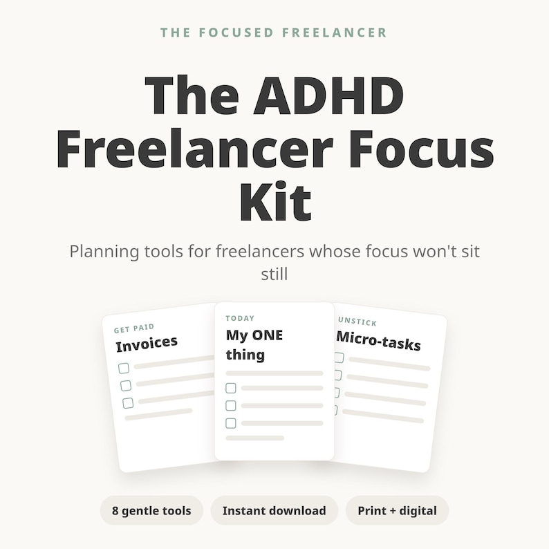 ADHD-planner voor freelancers | Printbare focuskit voor ADHD | Productiviteits-, klanten- en factuurtracker voor freelancers | Zelfstandige neurodivergente persoon afbeelding 1