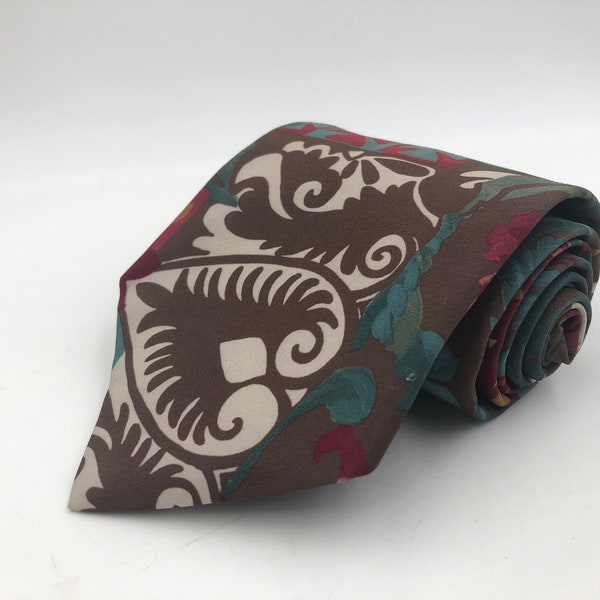 Vintage 1980s Brown Polyester Microfiber Tie with Green and Fuchsia Batik Print by London Fog (RN 43170)
