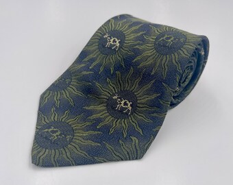 Vintage 1980s Navy Blue Silk Tie with Green and White Cow Sunburst Pattern by Moschino