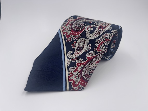 Vintage 1970s Wide Navy Blue Polyester Tie with G… - image 1
