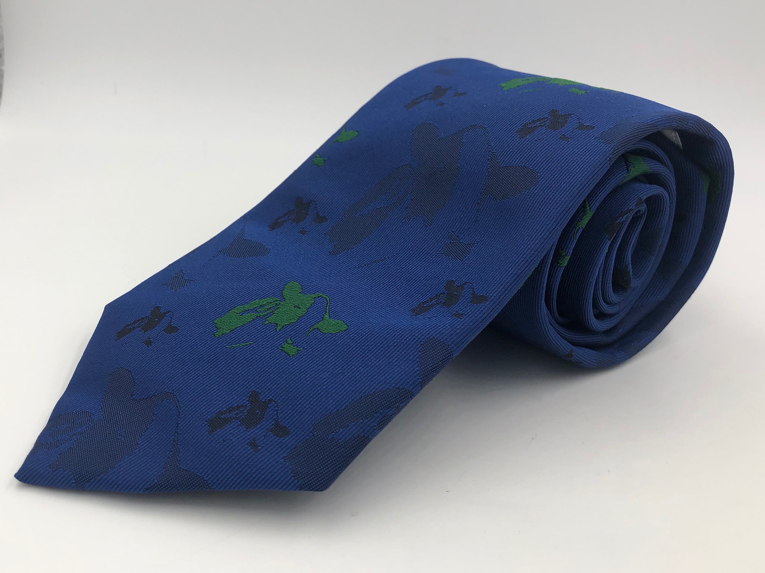Vintage 1980s Blue Novelty Tie with Green and Blue Holstein Cow Pattern by Eric Ward Associates