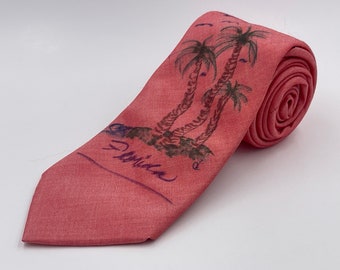 Vintage 1980s Red Novelty Tie with Hand Painted Florida Scene by from Ivey’s of Florida