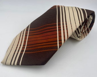 Vintage 1970s Wide Brown Trevira Polyester Tie with Tan and Russet Diagonal Stripes