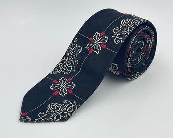 Vintage 1960s Skinny Charcoal Gray Tie with Red and White Floral Pattern from Brookline by NuWay