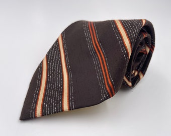 Vintage 1970s Wide Brown Polyester Tie with Orange and White Patterned Stripe by Wembley