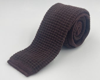 Vintage 1980s Square End Knit Brown Cotton Wool Blend Tie by Stafford from JC Penney