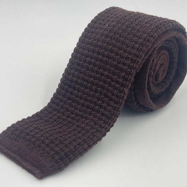 Vintage 1980s Square End Knit Brown Cotton Wool Blend Tie by Stafford from JC Penney