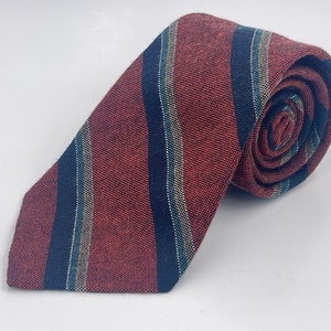 Vintage 1980s Red 100% acrylic Tie with Beige Teal and Navy Blue Diagonal Patterned Stripes by Private Club