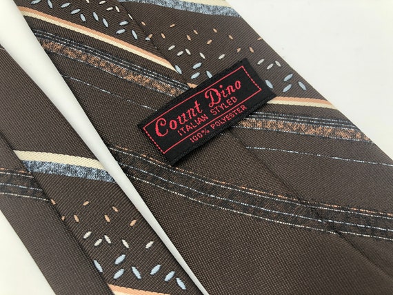 Vintage 1980s Skinny Brown Polyester Tie with Blu… - image 9