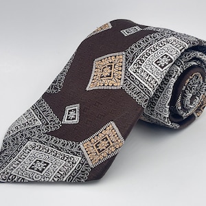 Vintage 70s Don Loper Tie: Brown Qiana Nylon, Geometric Pattern