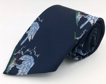 Vintage 1970s Wide Navy Blue Polyester Tie with Bird Pattern by Wembley