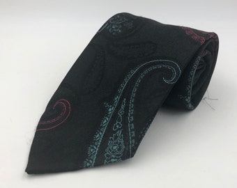 Vintage 1980s Black Tie with Red Purple and Teal Paisley Pattern by Oscar de la Renta Studio