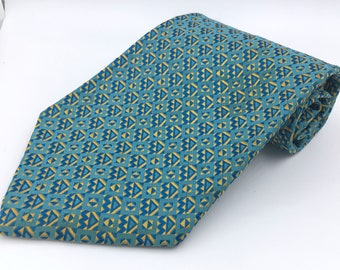 Vintage 1970s Wide Aqua Blue Polyester Tie with Blue and Gold Geometric Pattern by Resilio