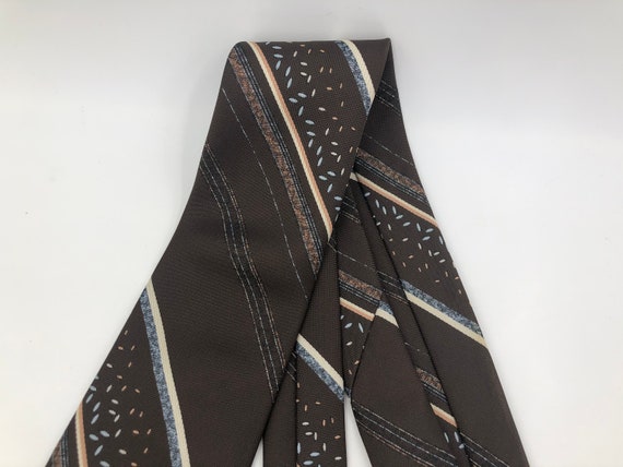 Vintage 1980s Skinny Brown Polyester Tie with Blu… - image 4