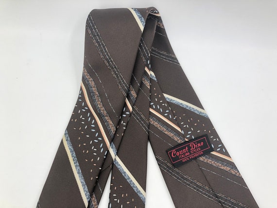 Vintage 1980s Skinny Brown Polyester Tie with Blu… - image 7