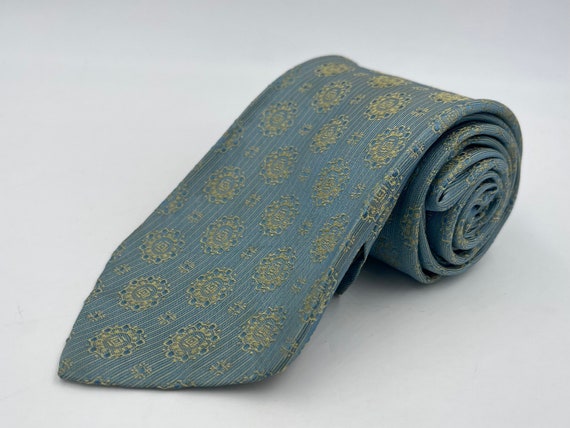 Vintage 1960s Skinny Light Blue Silk Tie with Gre… - image 1