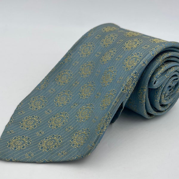 Vintage 1960s Skinny Light Blue Silk Tie with Green Sunburst Neats by Christian Dior