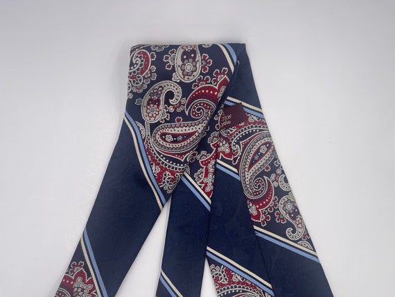 Vintage 1970s Wide Navy Blue Polyester Tie with G… - image 7