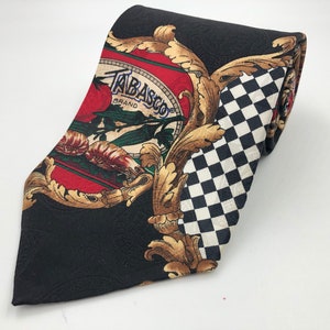 Vintage 1990s Black Novelty Silk Tie with White Red and Gold Tabasco Hot Sauce Pattern by Wembley