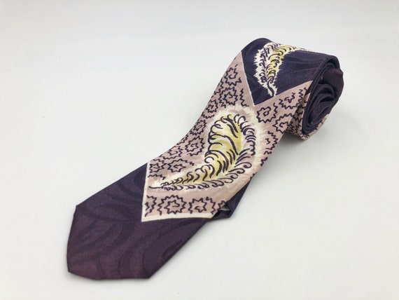 Vintage 1950s Skinny Purple Rayon Tie with White … - image 1