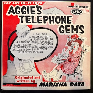 May include: Vintage album cover for "Aggie's Telephone Gems" by Marisha Data. The cover features a red and white design with a cartoon illustration of a woman on the phone. The album includes Polish comedy sketches.
