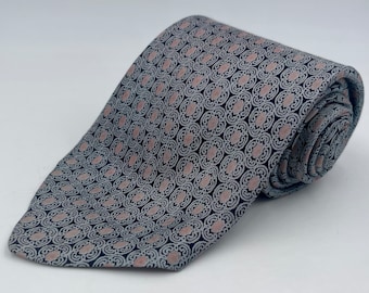 Vintage 1960s Skinny Navy Blue Silk Tie with Light Blue and Pink Filagree by Beau Brummell