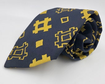 Vintage 1970s Wide Navy Blue Polyester Tie with Gold Hashtag Pattern by Superba