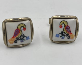 Vintage Gold and White Provence Rustic Goose Square Ceramic Cufflinks
