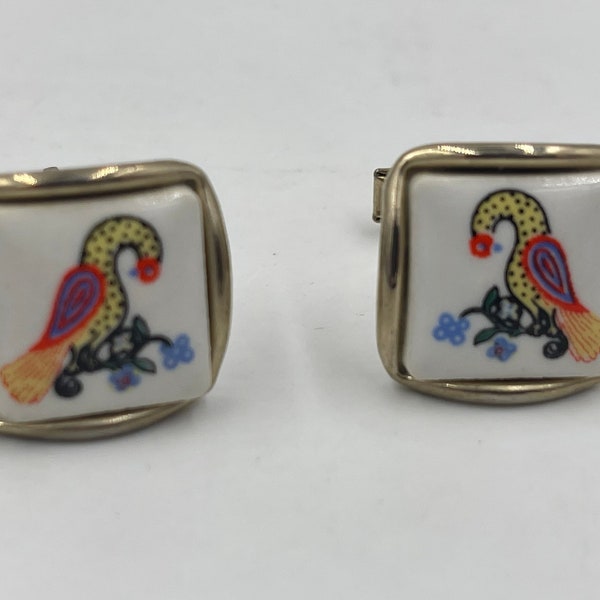 Vintage Gold and White Provence Rustic Goose Square Ceramic Cufflinks