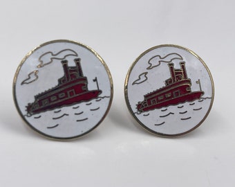 Vintage 1970s Steamboat Gold and White Straight Swivel Post Round Cuff Links