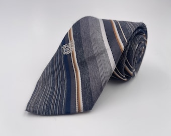 Vintage 1970s Gray Polyester Tie with Navy Blue and Tan Diagonal Stripes by Via Re