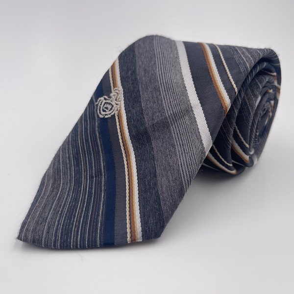 Vintage 1970s Gray Polyester Tie with Navy Blue and Tan Diagonal Stripes by Via Re