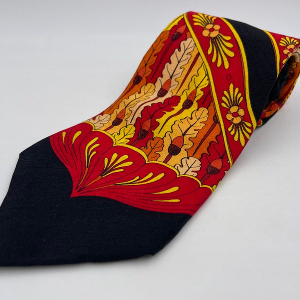 Vintage 1990s Black Silk Tie with Red and Gold Harvest Pattern Acorn by Rush Limbaugh No Boundaries Fall Winter 1996