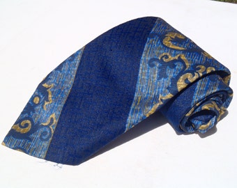 Vintage 1970s Wide Blue and Gold Polyester Tie with Ornate Diagonal Stripes